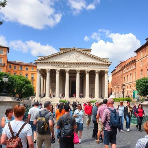 A group of tourists enjoying a guided walking tour of the historical sites in Rome.