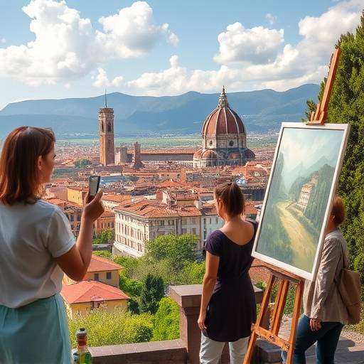 A painting class in Florence, with students working on landscapes