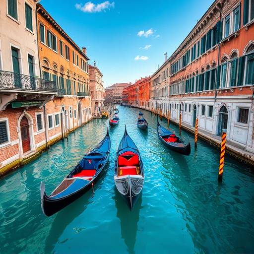 A picturesque view of the canals in Venice with gondolas gliding by