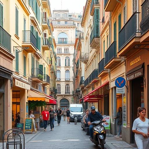 A vibrant street scene in Naples with locals and tourists enjoying the bustling atmosphere