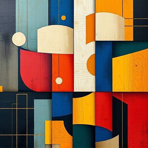 Abstract painting inspired by the Renaissance period, featuring geometric shapes, bold colors, and textures.