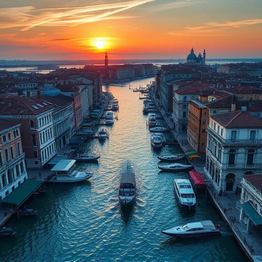 An aerial view of Venice canals and architecture during sunset