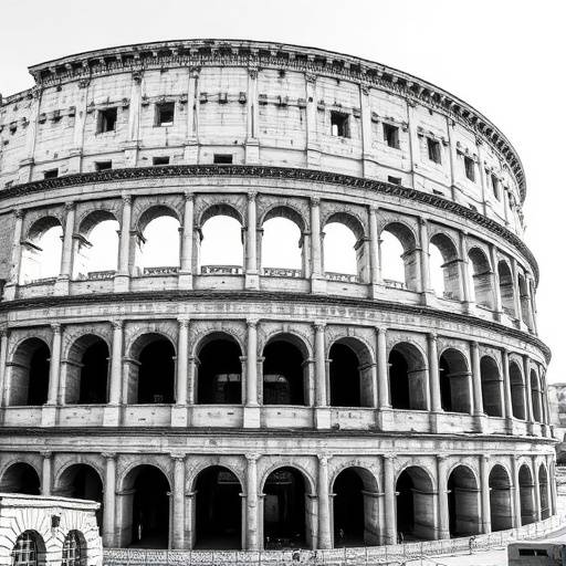 Black and white photograph of the Colosseum in Rome, showcasing its ancient architecture and historical significance.
