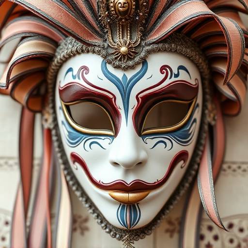 Close-up image of a handmade Venice Carnival mask, intricately decorated