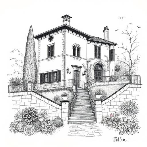 Detailed ink drawing of a traditional Italian villa with stone walls, terracotta roof, and lush garden.