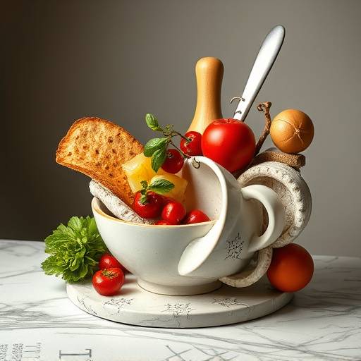 Modern art sculpture inspired by Italian cuisine, featuring abstract shapes and vibrant colors reminiscent of pasta and sauces.