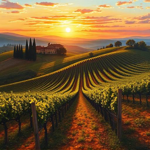 Oil painting of the Tuscan countryside with rolling hills, vineyards, and a cypress tree-lined road under a warm sunset.