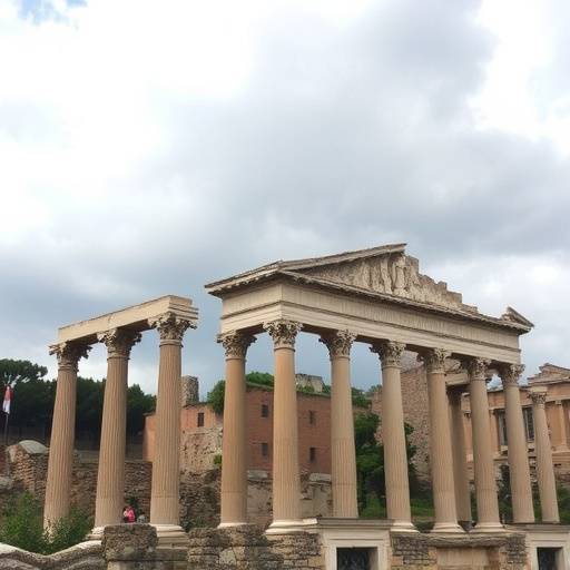 Painting depicting Roman Forum ruins with ancient columns, arches, and historical landmarks under a cloudy sky.