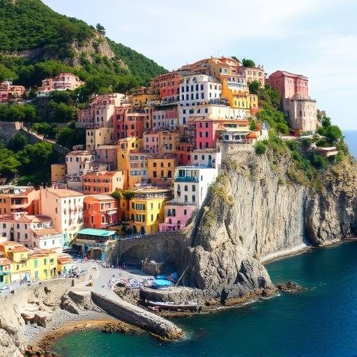 Photography of Amalfi Coast coastline featuring colorful houses on cliffs overlooking the Mediterranean Sea.
