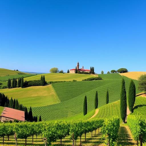 Rolling hills of Tuscany with vineyards and cypress trees under a clear blue sky