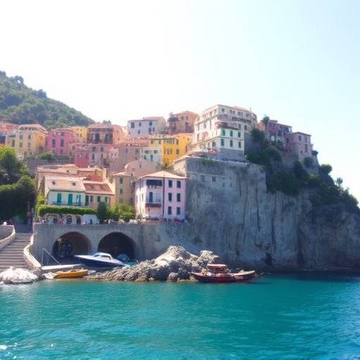 The colorful houses of the Amalfi Coast clinging to the cliffs above the turquoise sea