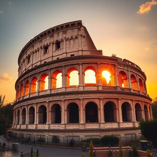 The Colosseum in Rome, bathed in golden light during sunset
