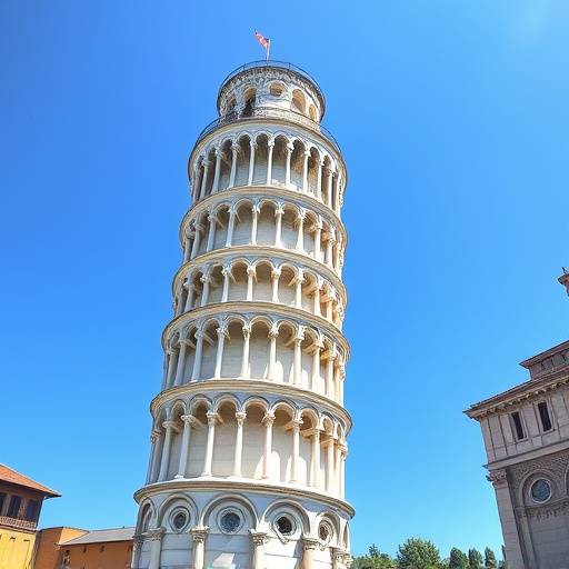 The Leaning Tower of Pisa against a bright blue sky, a iconic symbol of Italy