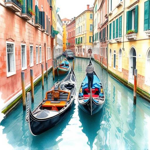 Watercolor painting of the canals of Venice with gondolas, reflections on the water, and colorful buildings.